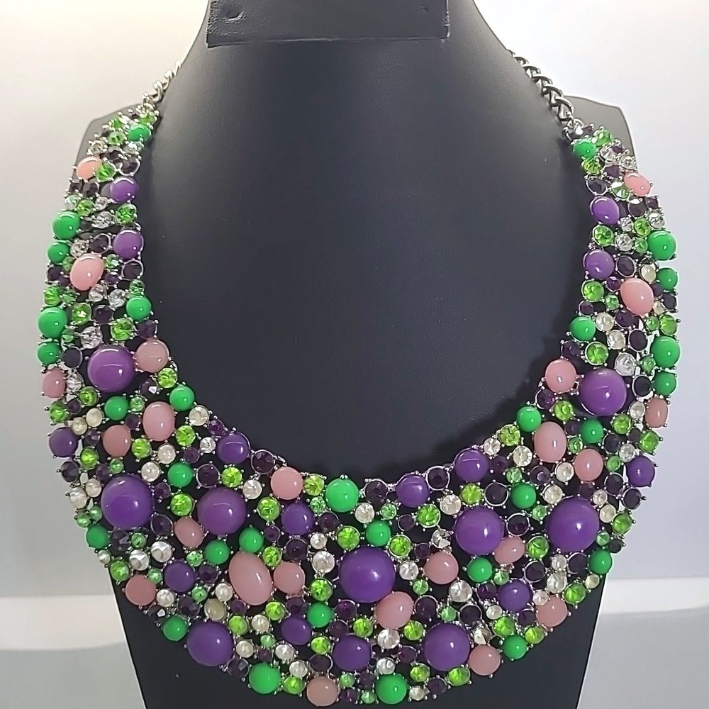 Oversized Statement Bib Necklace Woman Purple Pink Green Rhinestone Acrylic Bold